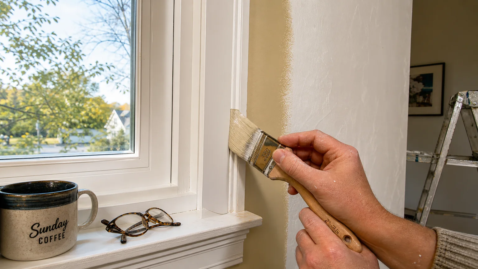 A close-up photo of a hand carefully painting the edge of a wall near a white window frame.