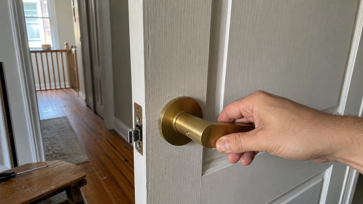 A close-up photo of a hand installing a high-quality brass door lever on a white interior door.