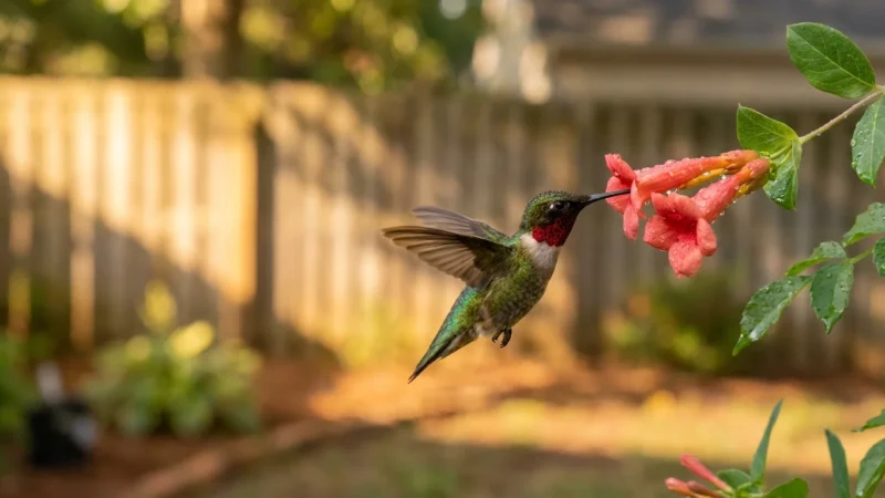 A close-up photo of a Ruby-throated hummingbird hovering next to a coral-red trumpet flower in a warm, sunny backyard.