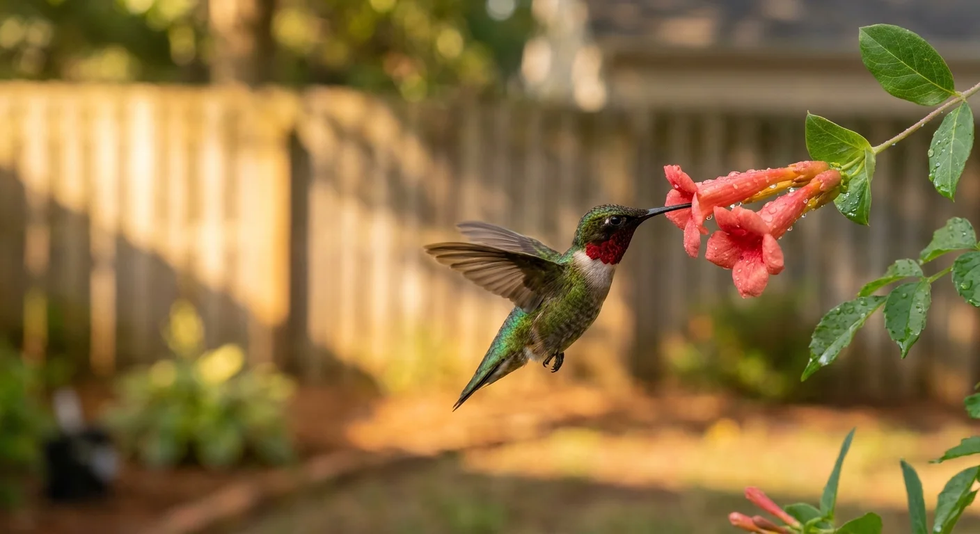A close-up photo of a Ruby-throated hummingbird hovering next to a coral-red trumpet flower in a warm, sunny backyard.