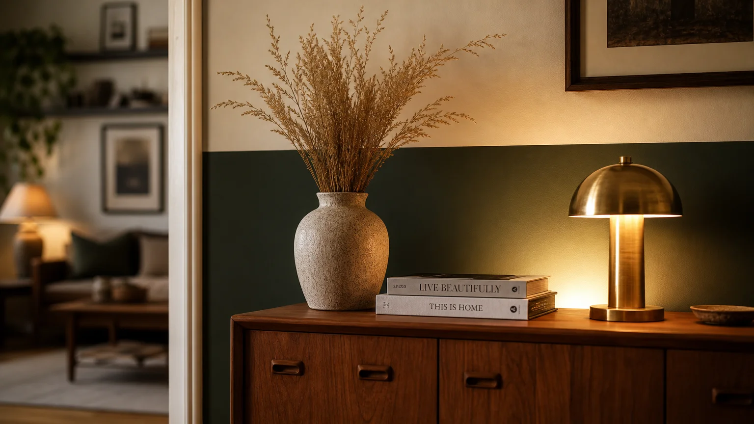 A close-up photograph of a mid-century wooden console table with decor, set against a two-tone wall of forest green and white.