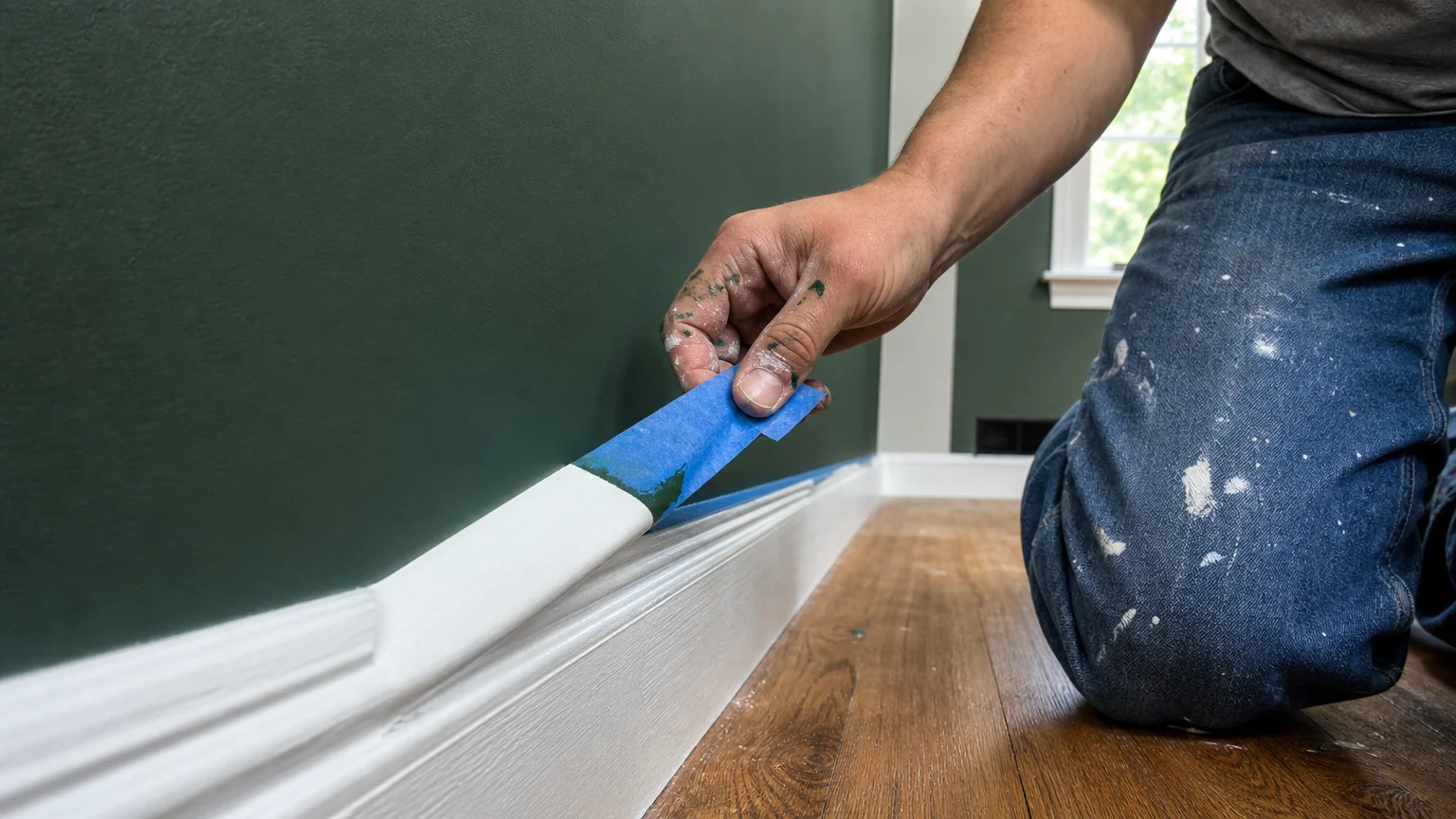 A close-up photograph of hands peeling blue painter's tape to reveal a sharp, clean line of forest green paint against a white baseboard.