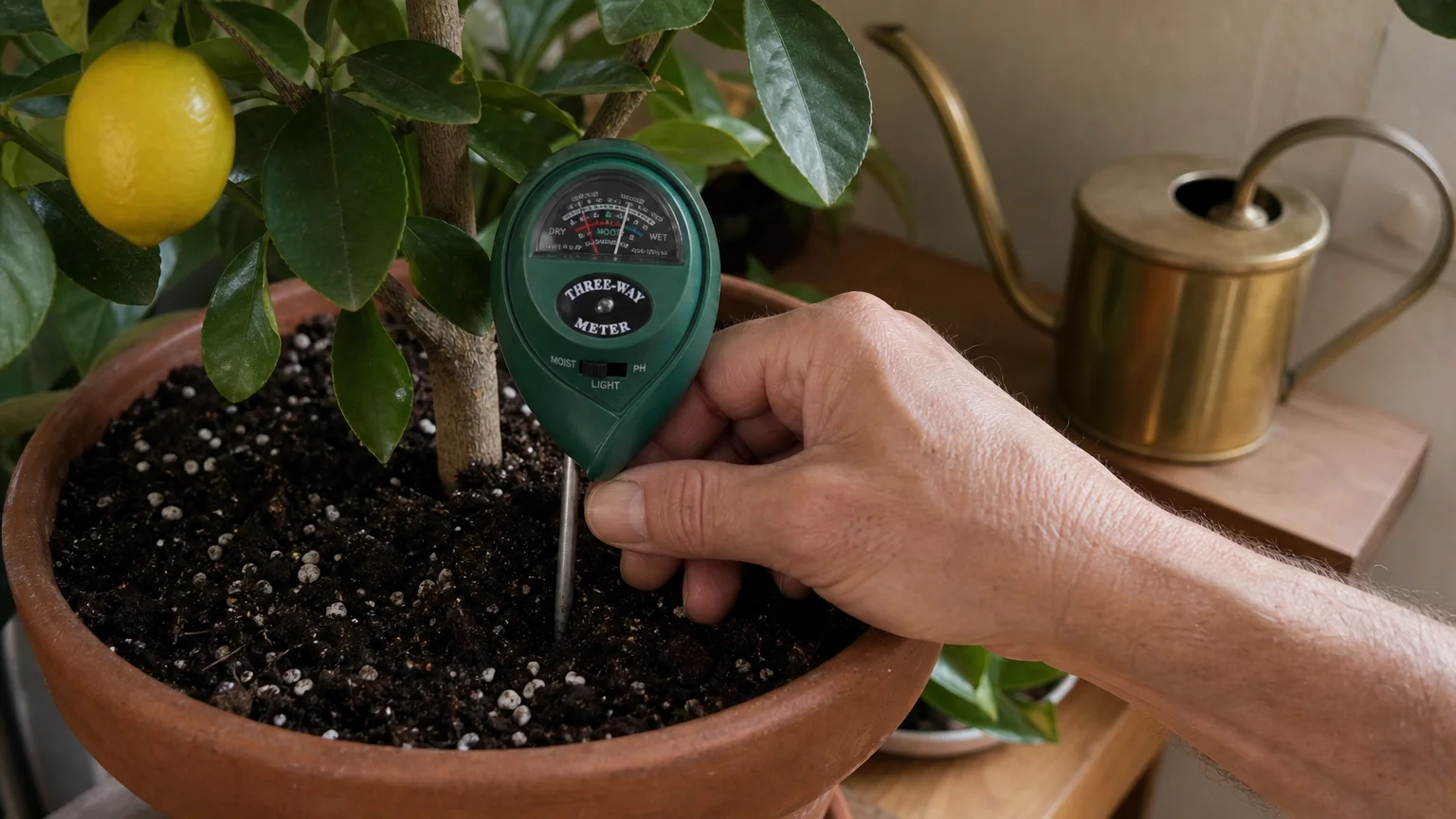 A close-up shot of a hand inserting a metal moisture meter into the soil of an indoor potted plant.