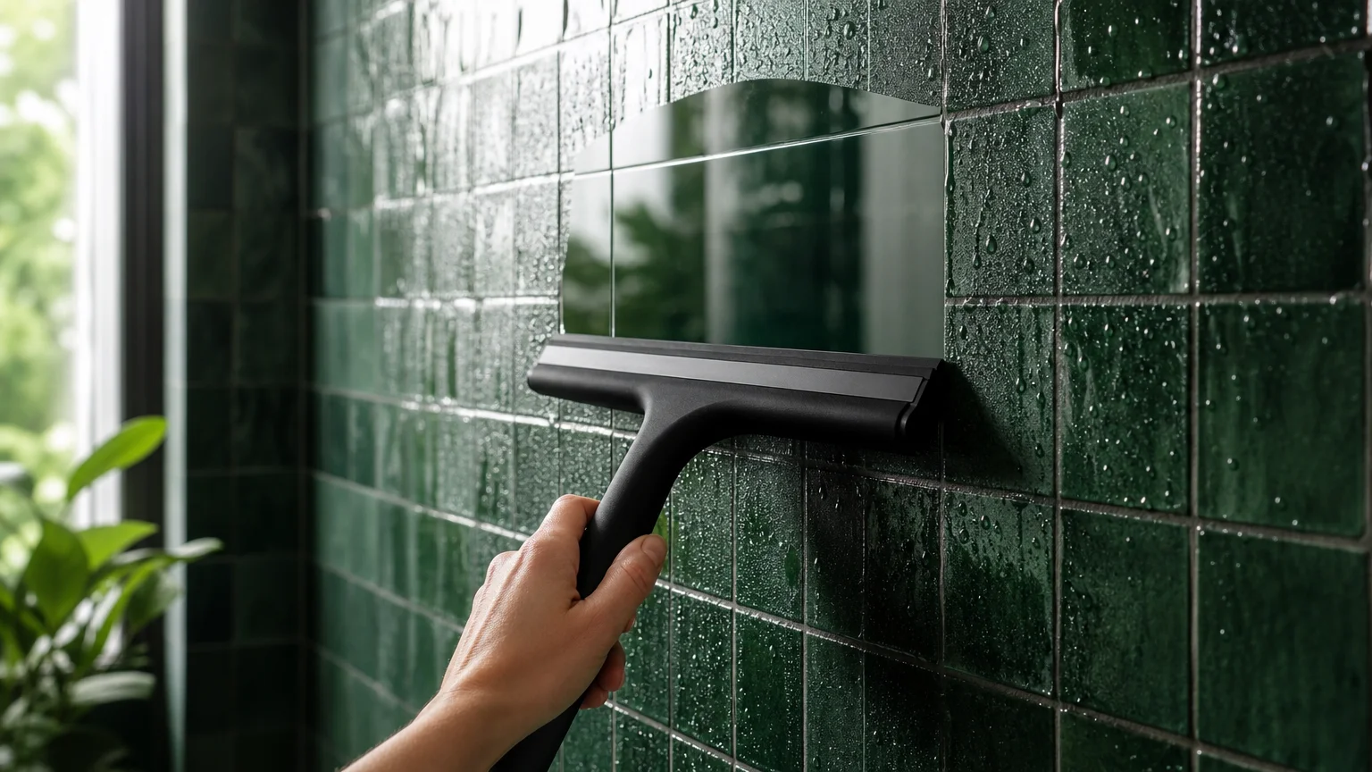 A close-up shot of a squeegee clearing water droplets from a wall of glossy, dark green zellige shower tiles.