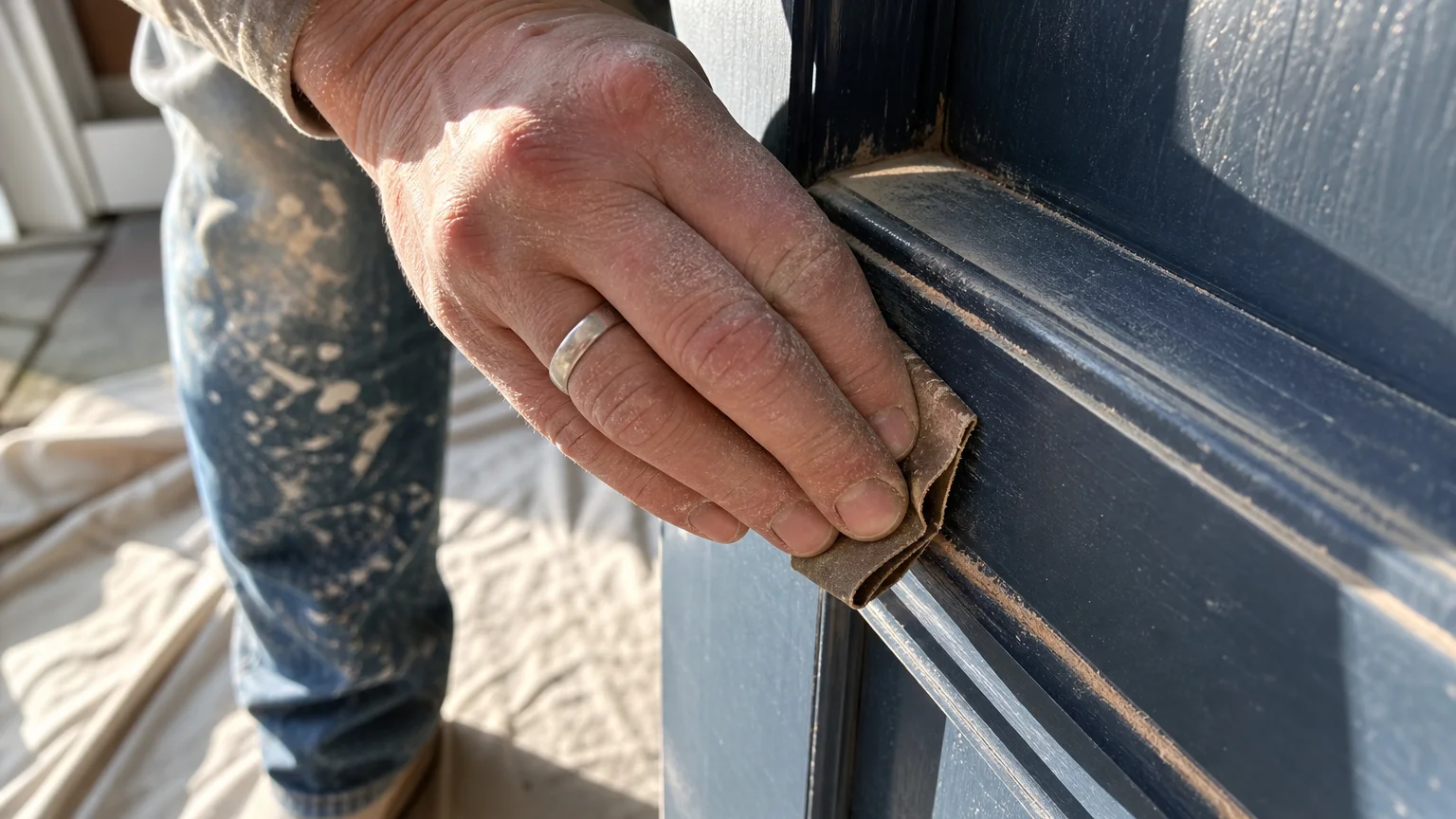 A close-up shot of hands sanding a door frame with 220-grit sandpaper, with wood dust catching the morning light.