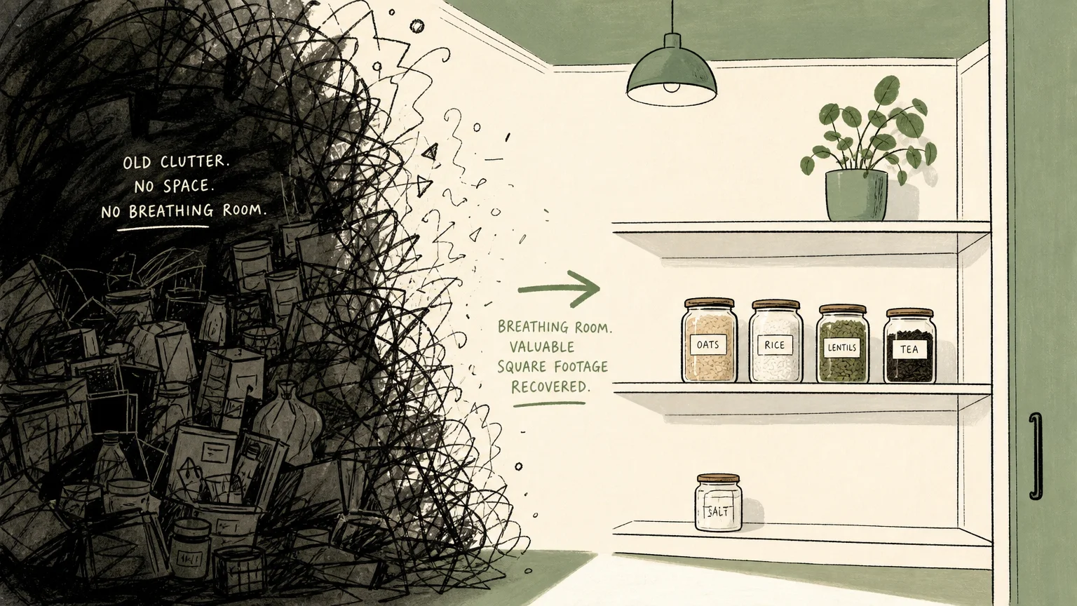 A conceptual watercolor showing dark clutter transition into a clean, bright, organized shelf with a potted plant.