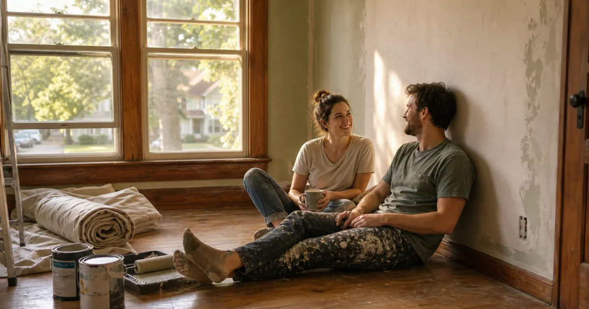 A couple taking a break from painting inside a sunlit, historic house, looking out a large window at a tree-lined street.