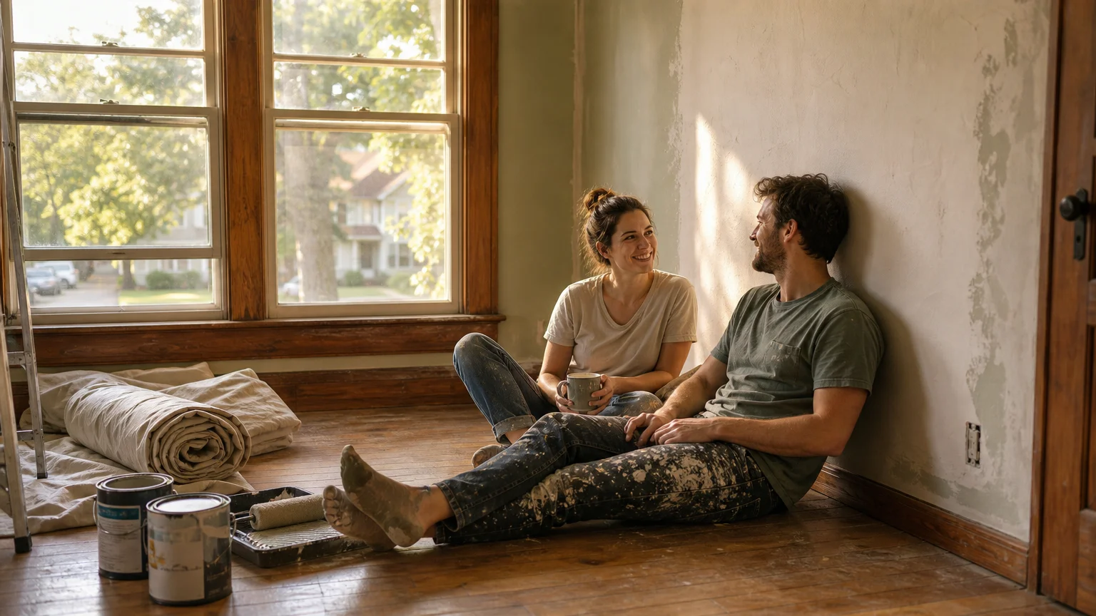 A couple taking a break from painting inside a sunlit, historic house, looking out a large window at a tree-lined street.