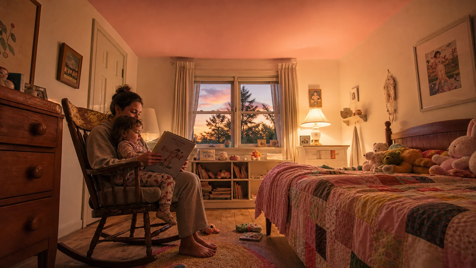 A cozy nursery illuminated by a warm lamp, featuring a soft, pale blush pink ceiling that glows overhead.