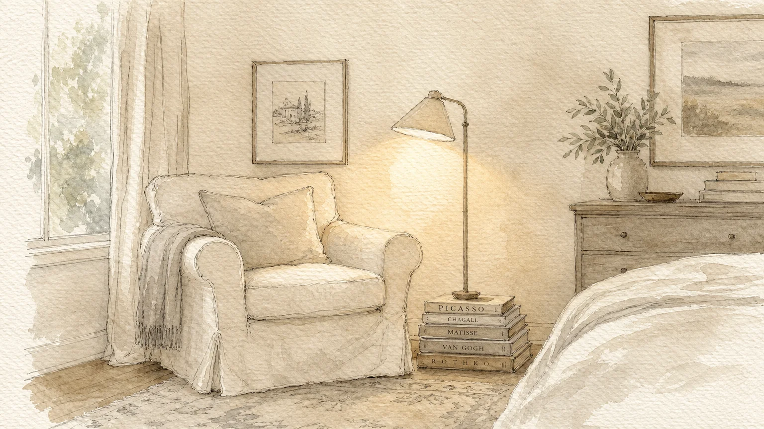 A delicate watercolor sketch of a quiet reading corner with soft washed linen walls and a cozy woven armchair.