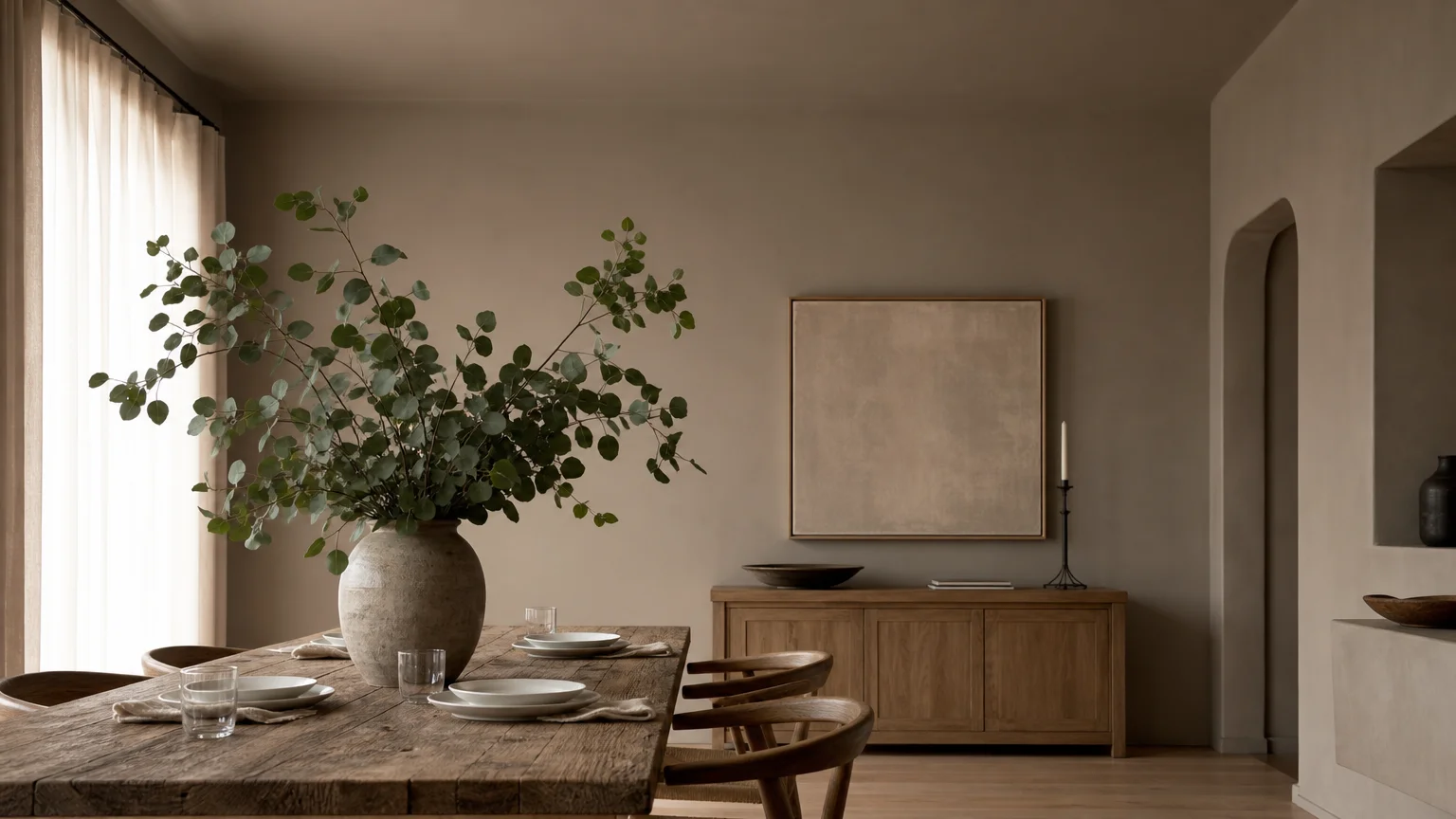 A dining room painted in a seamless, color-drenched greige from wall to ceiling, creating a spacious look.