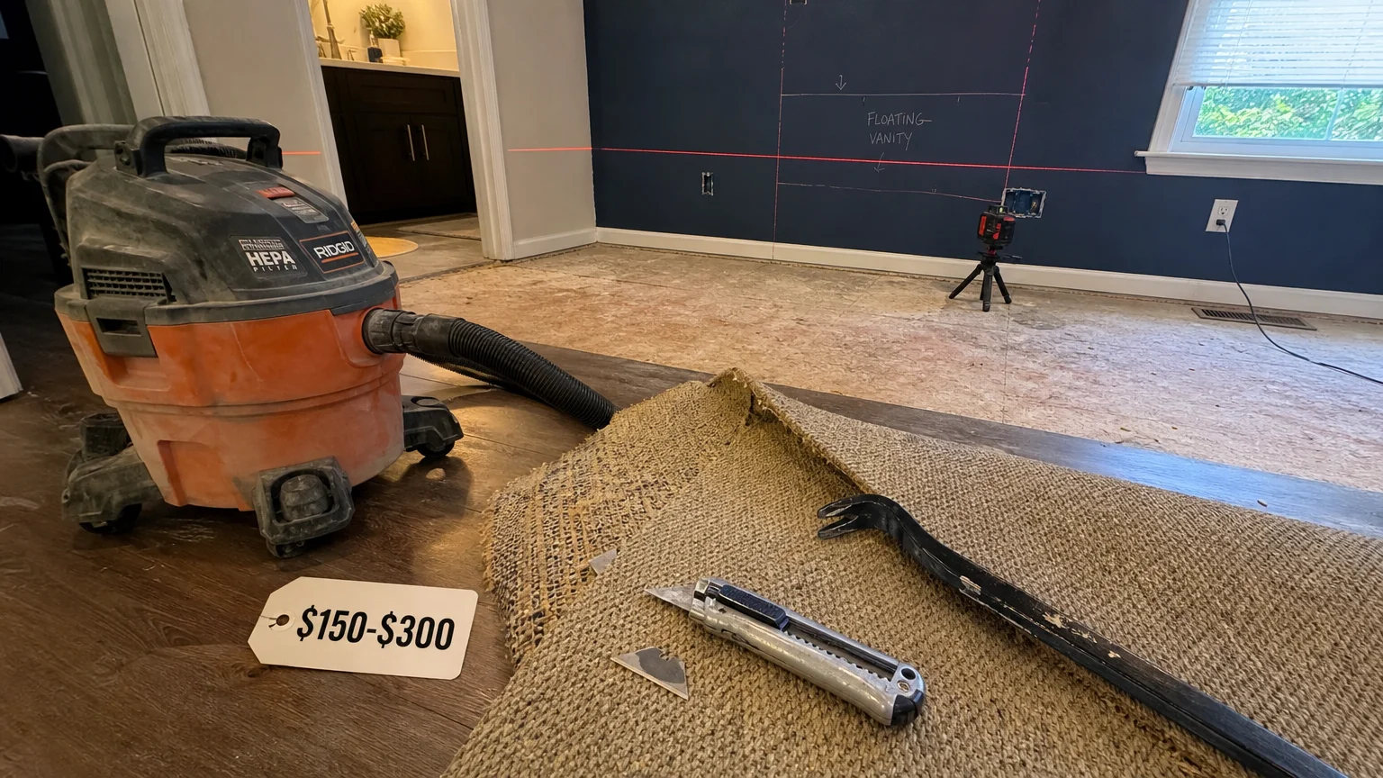 A DIY renovation scene featuring a HEPA vacuum, a utility knife, and a laser level on a partially removed carpet floor.