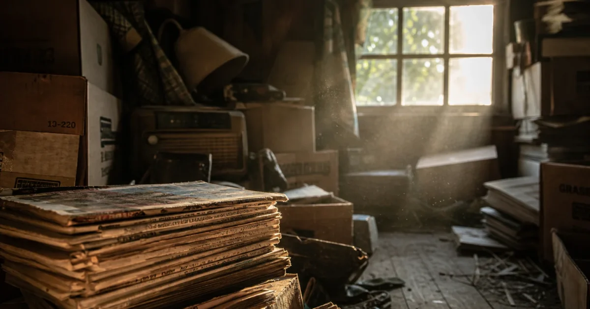 A dusty attic corner piled high with cardboard boxes and old magazines, illuminated by a warm sunbeam filtering through a window.