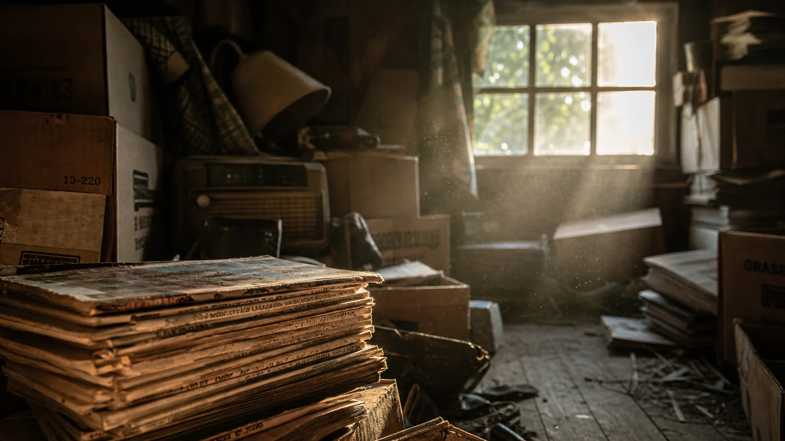 A dusty attic corner piled high with cardboard boxes and old magazines, illuminated by a warm sunbeam filtering through a window.