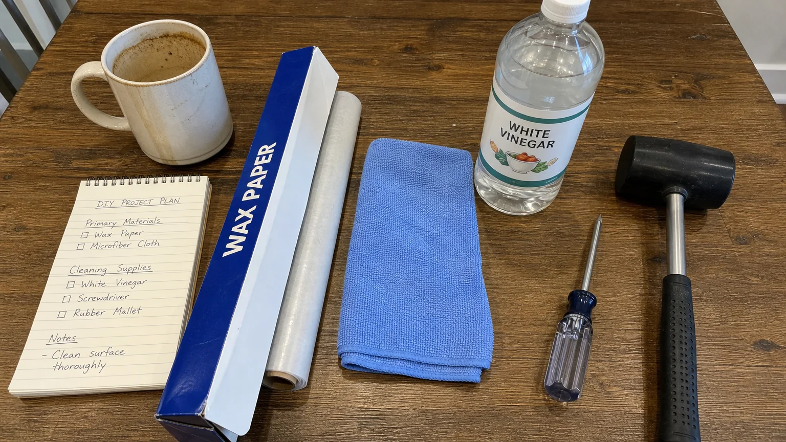 A flat-lay photograph of wax paper, vinegar, a microfiber cloth, and basic hand tools on a kitchen table.