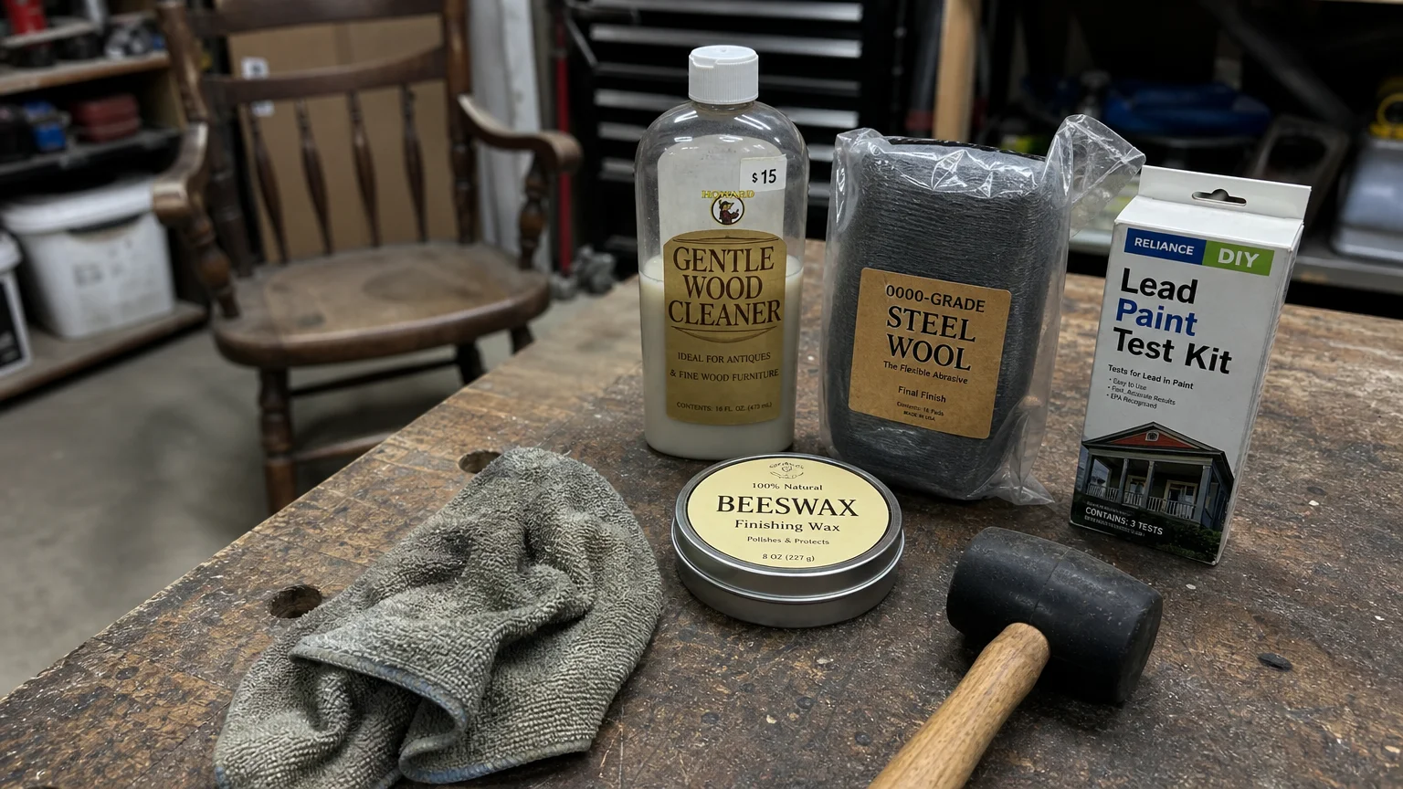 A garage workbench with a lead test kit, wood cleaner, steel wool, and beeswax prepared for a furniture restoration project.