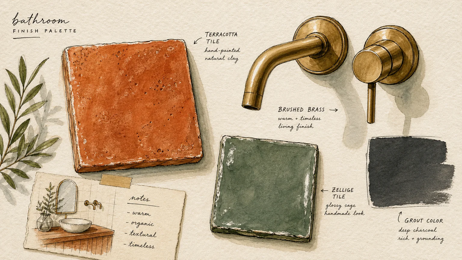 A gouache illustration flat lay of terracotta and sage green tile samples, a brass fixture, and a dark charcoal grout sample.