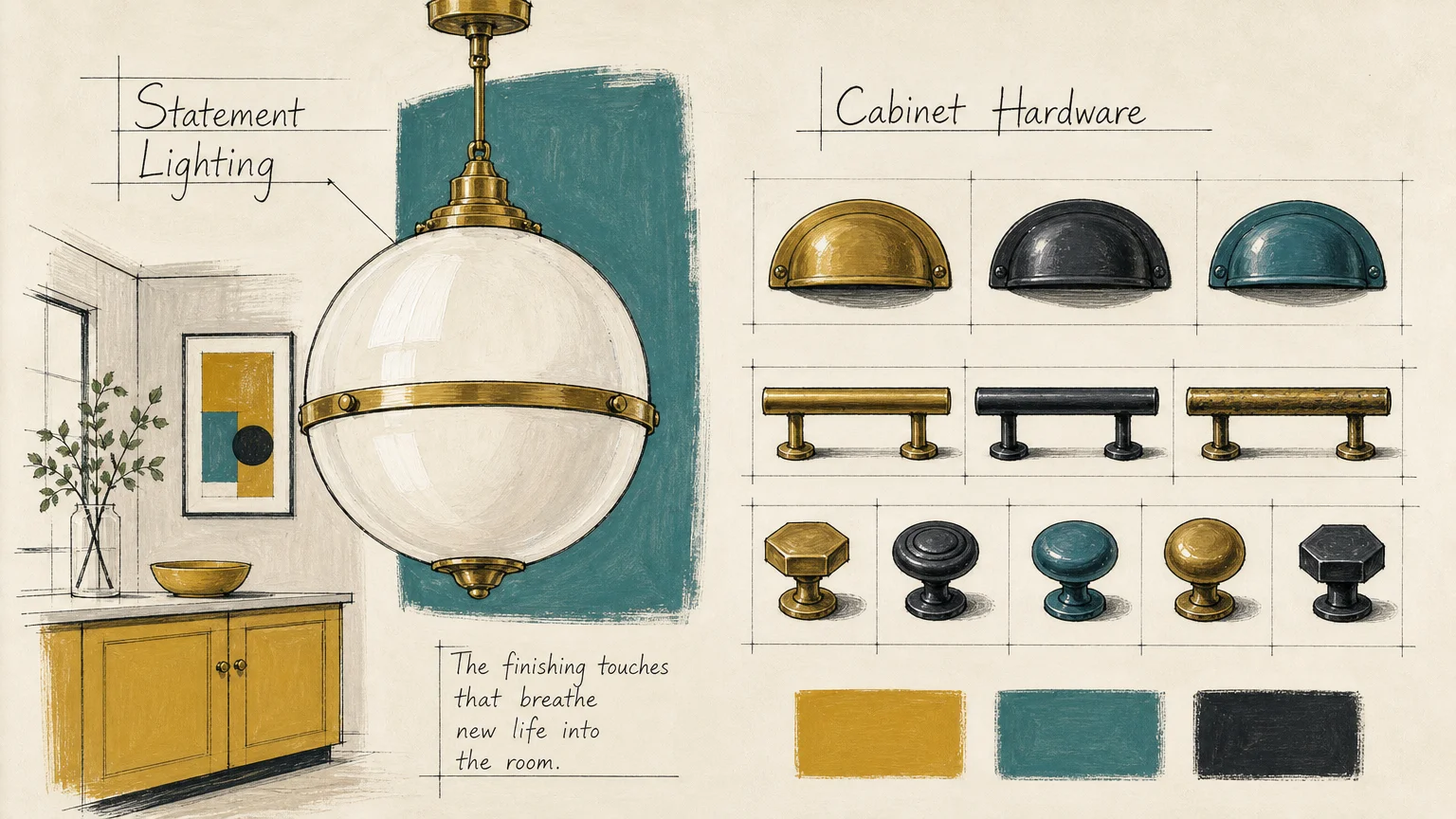 A gouache illustration of a modern globe pendant light and various brass cabinet hardware options.