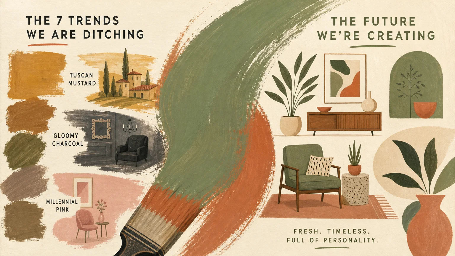 A gouache illustration showing swatches of mustard yellow and charcoal gray being replaced by fresh green and clay colors.