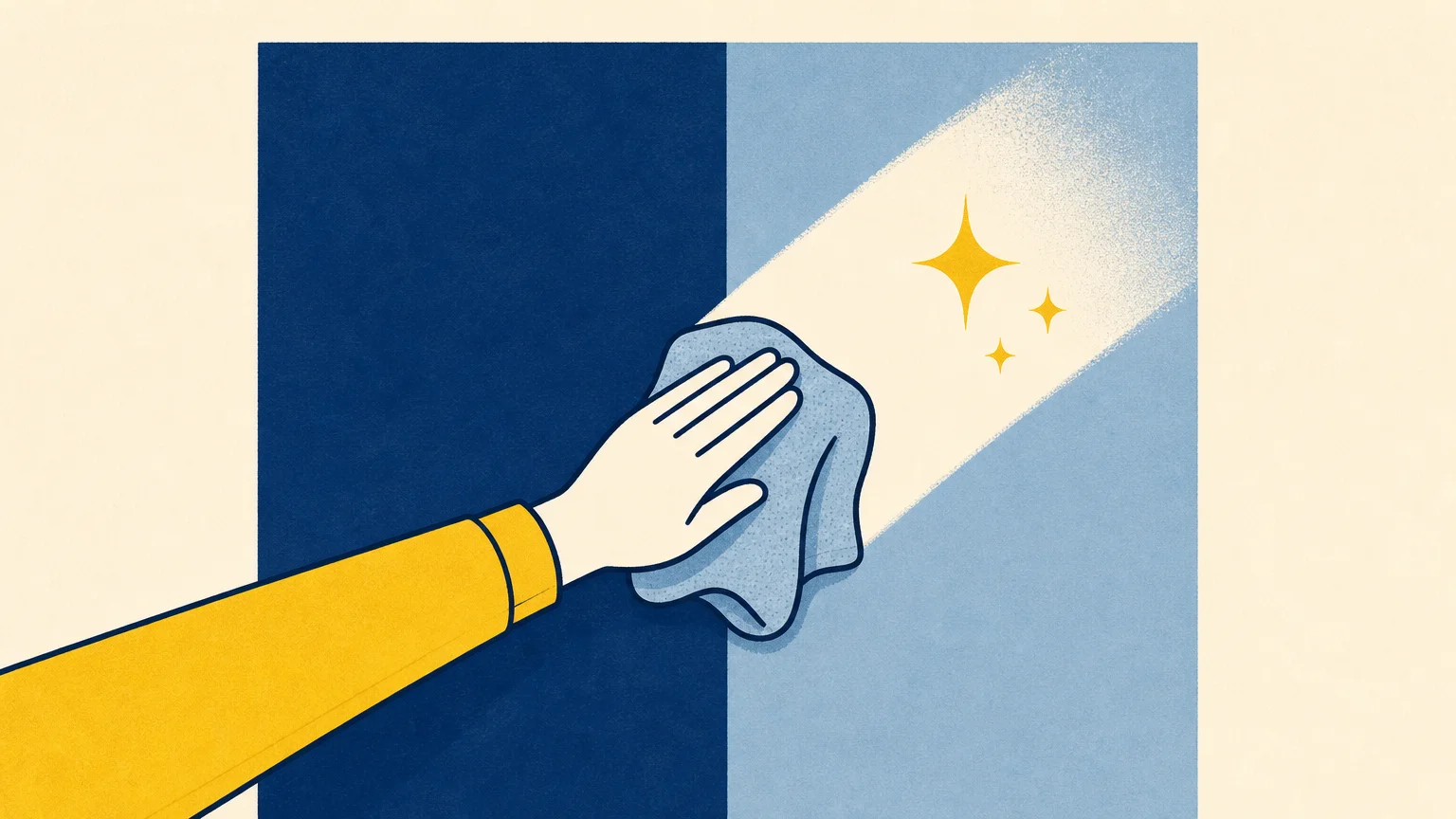A graphic vector illustration of a hand wiping a dual-color navy and sky blue wall clean with a soft microfiber cloth.