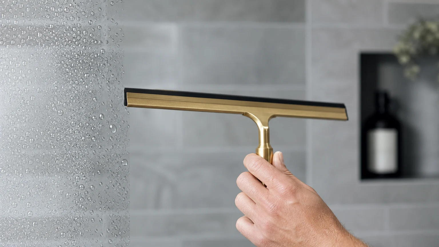 A hand using a brass squeegee to wipe water droplets off a clean, frameless glass shower door.