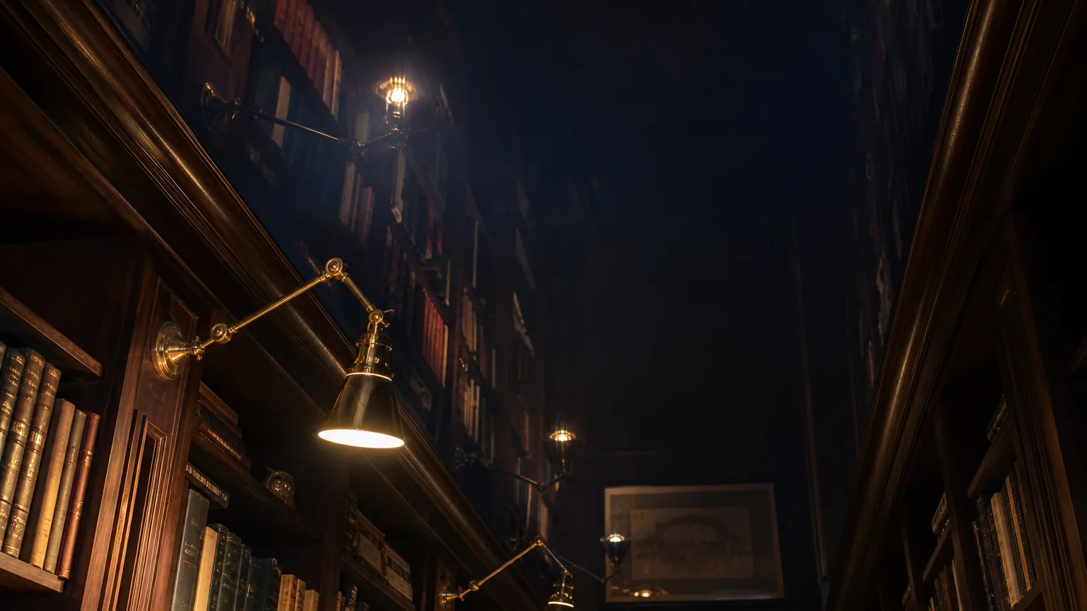 A home library with a high-gloss navy ceiling reflecting the light of a brass lamp, creating deep vertical space.