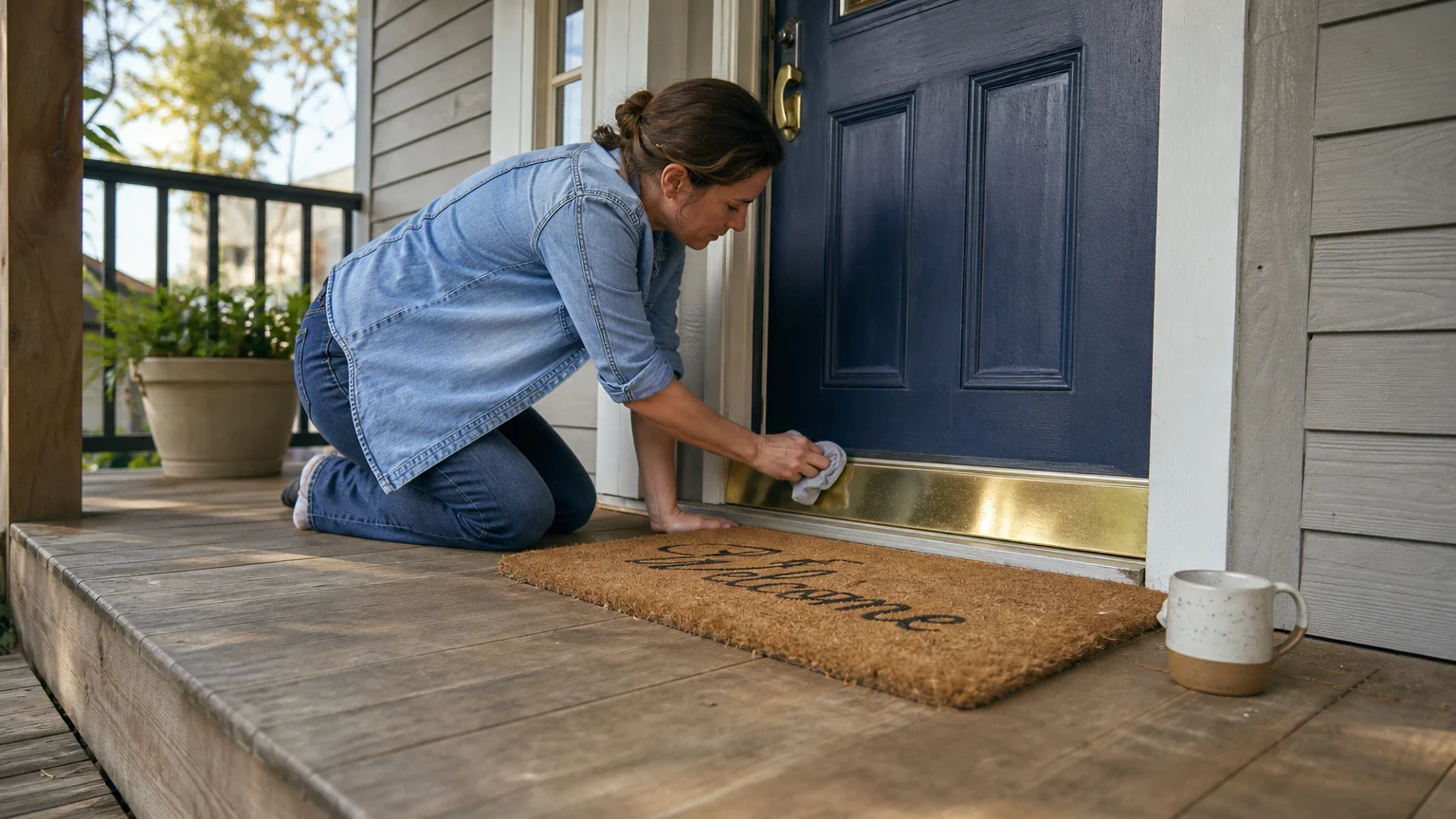 A homeowner in a denim shirt kneels on a cedar porch to clean the brass threshold of a navy blue front door in the morning light.