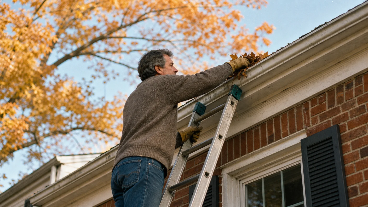 A homeowner standing on a ladder cleaning autumn leaves out of the gutters of a classic red brick ranch house.