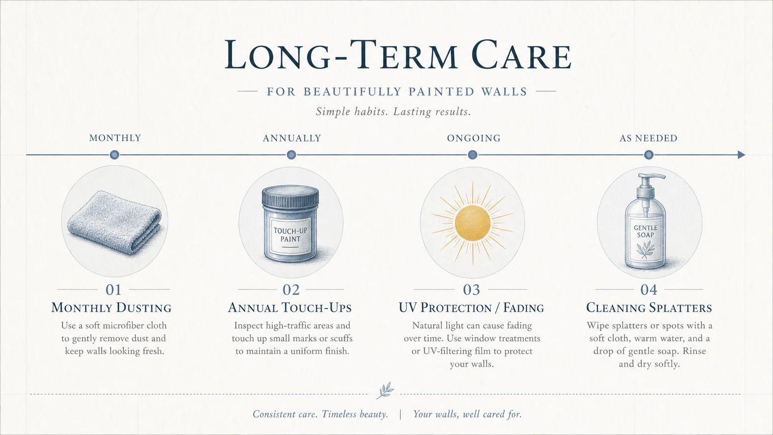 A horizontal diagram showing icons for dusting, touch-ups, and cleaning to maintain new paint.