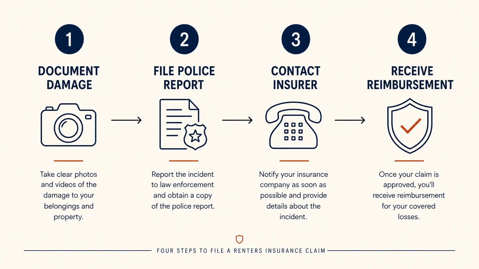 A horizontal diagram showing the four-step process of filing a claim: Document Damage, File Police Report, Contact Insurer, Receive Reimburs