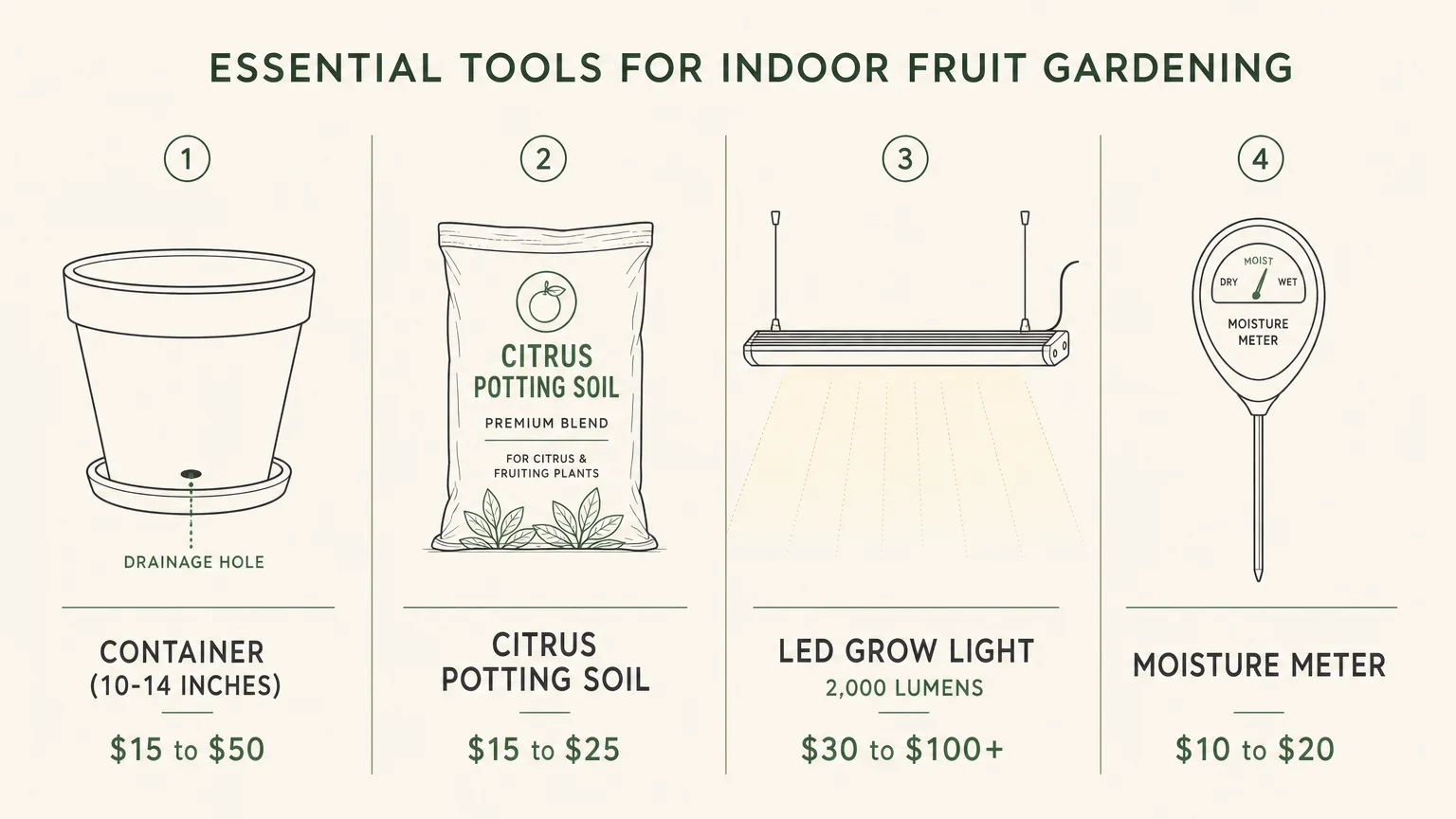 A horizontal minimalist diagram outlining the four key tools for indoor gardening with exact prices and specifications.