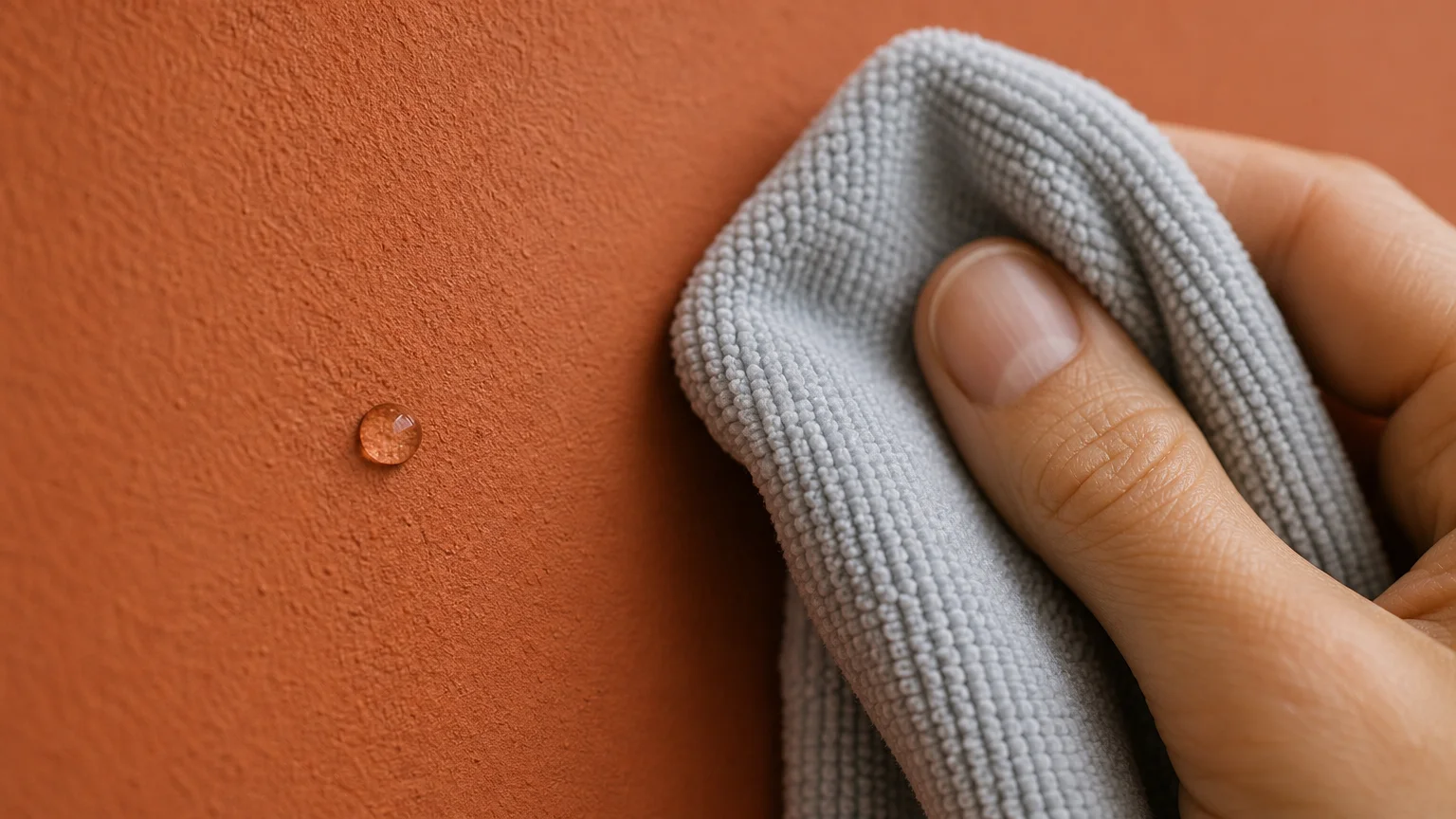 A macro close-up of a damp cloth wiping a clean, matte terracotta-colored wall, showing a single water droplet on the durable surface.