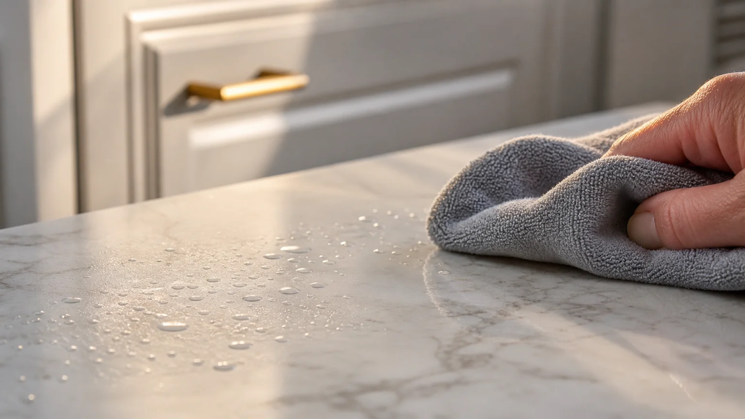 A macro photograph of a cloth wiping a clean quartz countertop, highlighting the texture and shine of the surface.