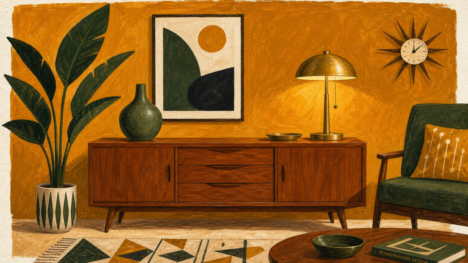 A mid-century modern gouache illustration of a living room with a caramelized ochre wall and a teak credenza.