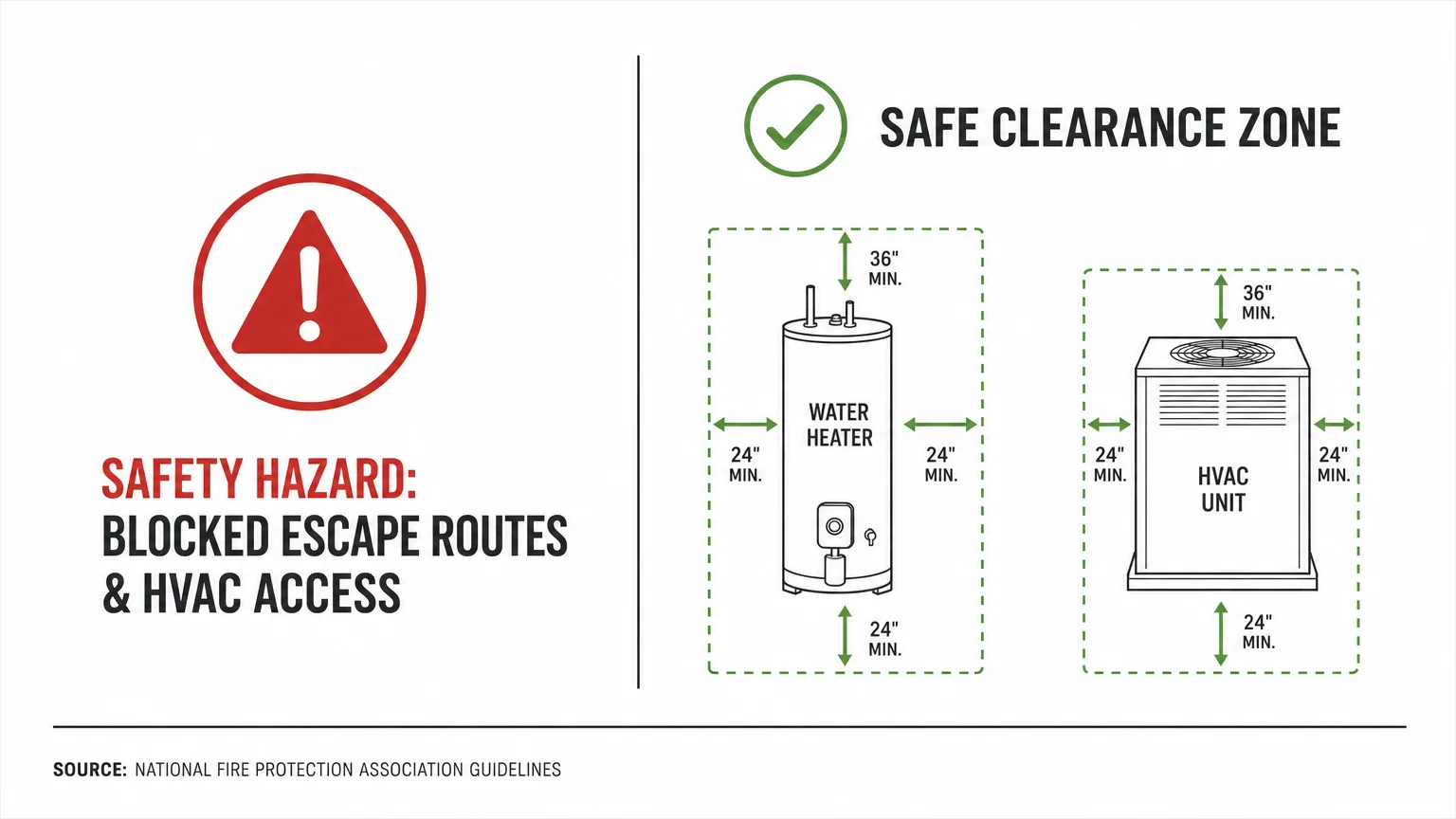 A minimalist diagram illustrating safety clearance zones around home utility systems, highlighting the hazard of blocked access.