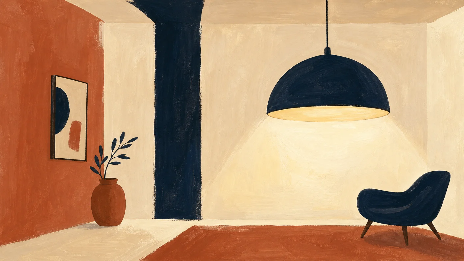 A minimalist gouache illustration of a room with a tall paint stripe and an oversized designer lamp.