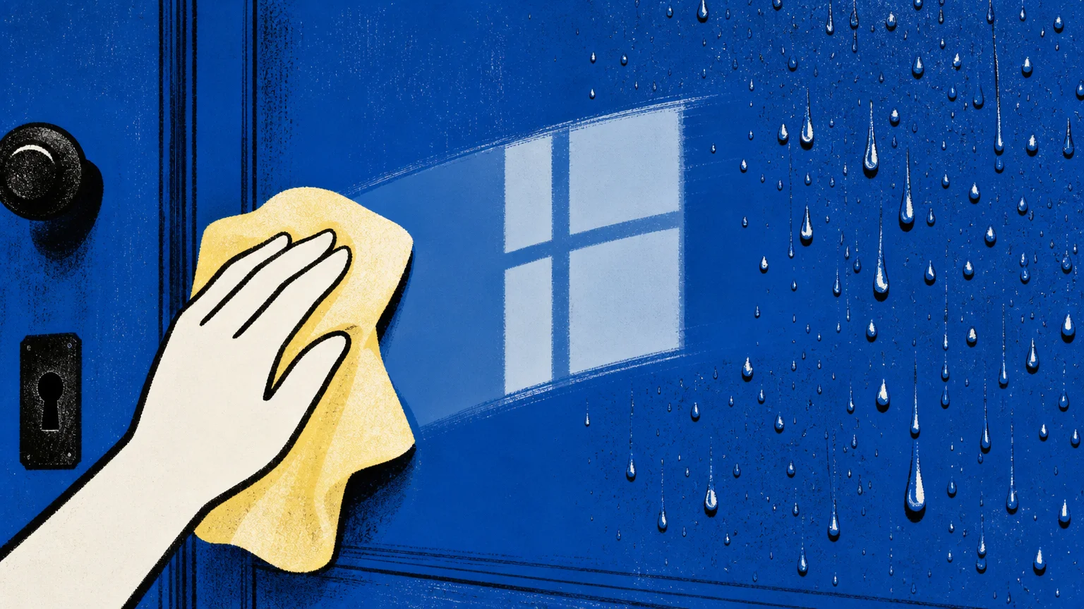 A minimalist graphic illustration of a hand wiping a blue door surface clean, with water droplets beading and rolling off.