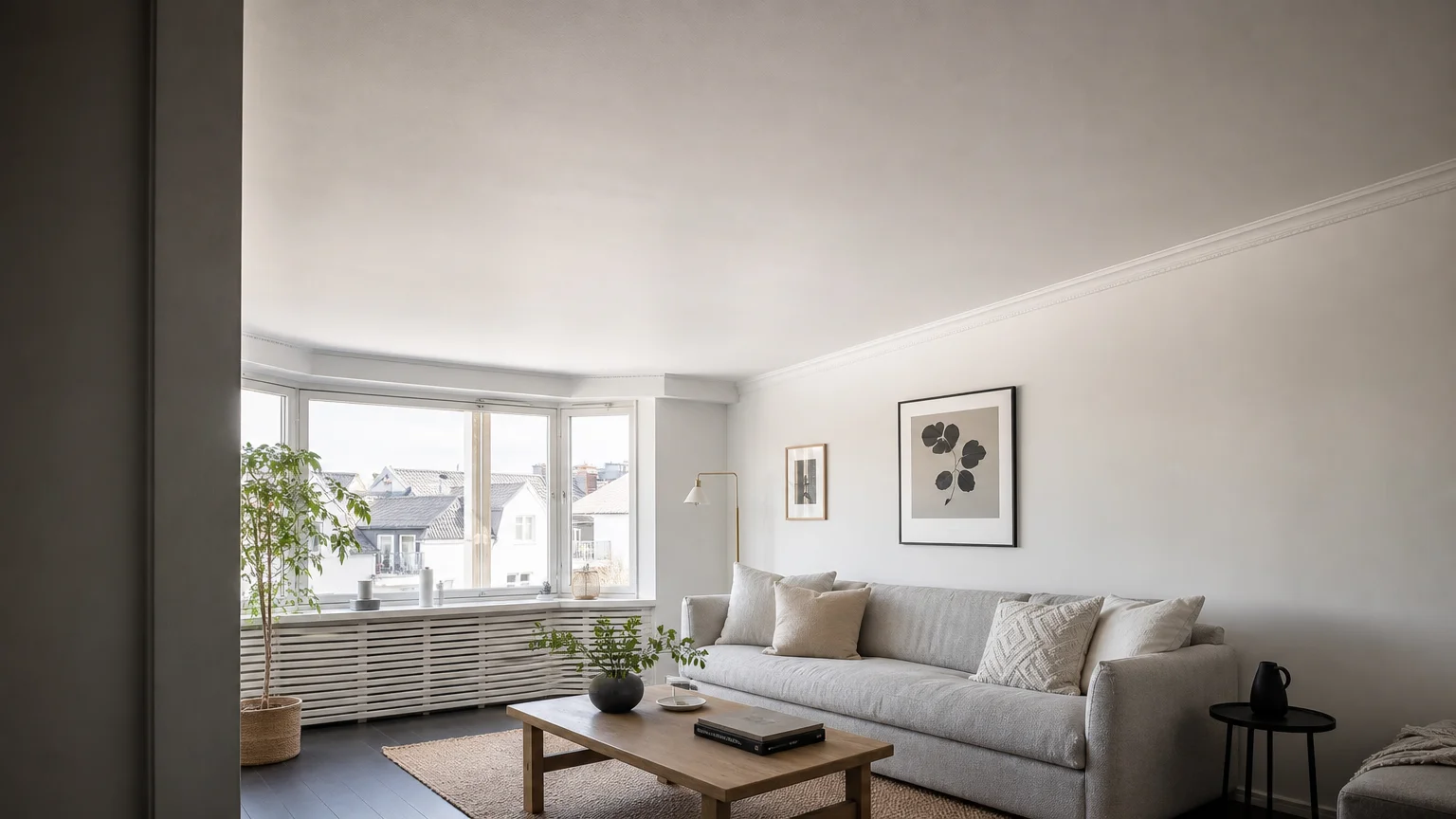 A minimalist living room featuring a crisp, ultra-reflective white ceiling that bounces light across the space.