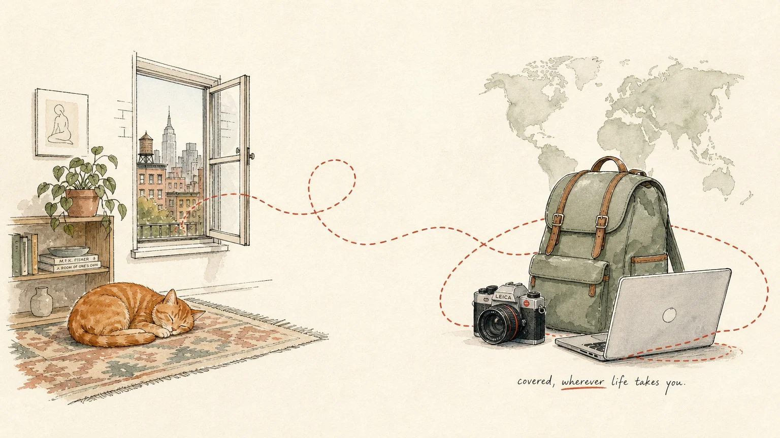 A minimalist watercolor illustration of a dotted safety line traveling from an apartment to protect a backpack and camera.