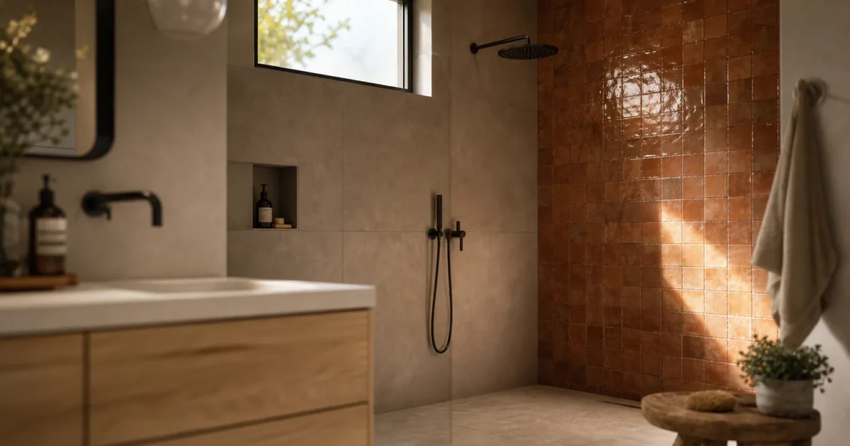 A modern bathroom shower featuring large warm gray porcelain slabs alongside textured terracotta zellige accent tiles in morning light.