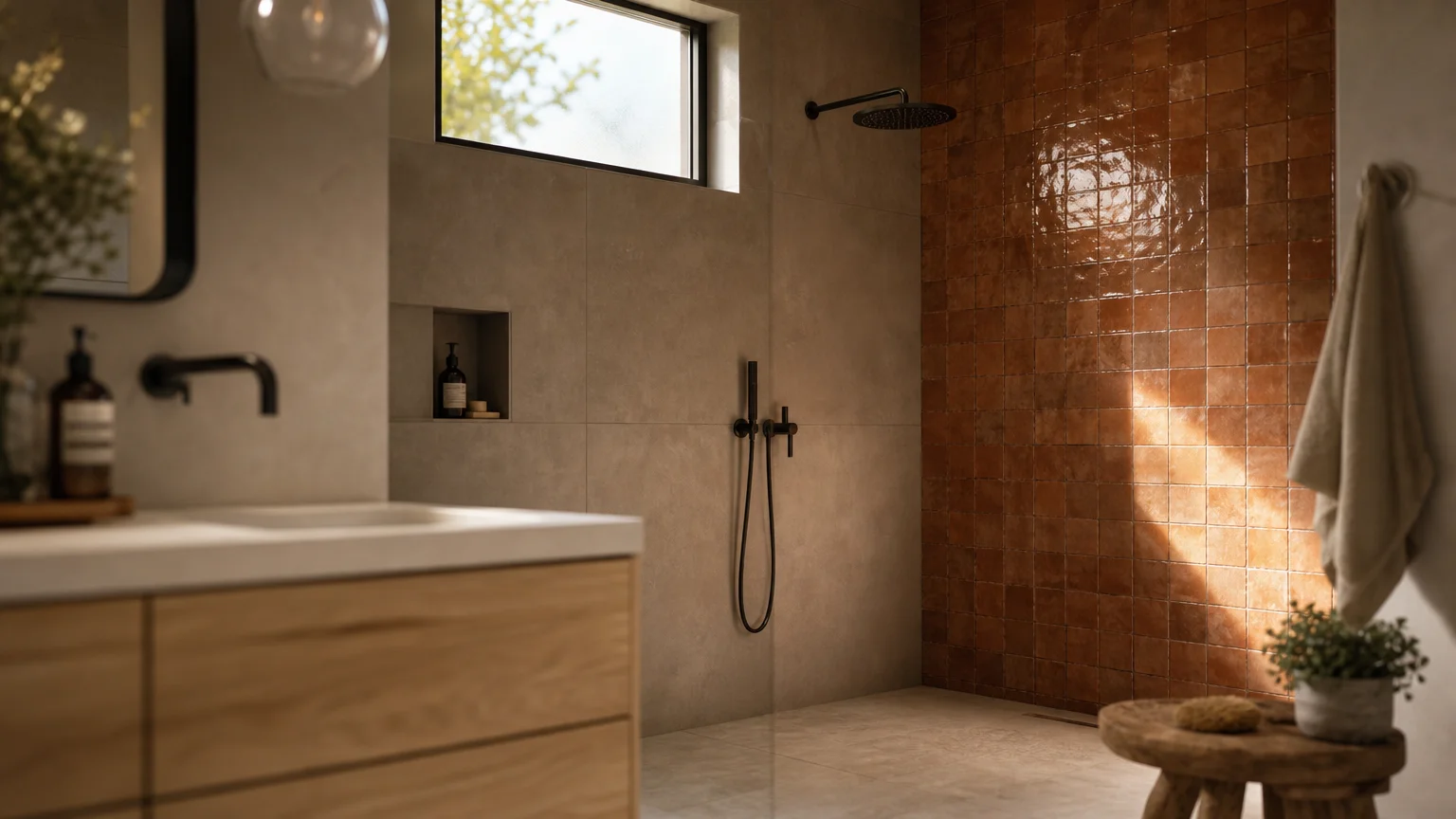 A modern bathroom shower featuring large warm gray porcelain slabs alongside textured terracotta zellige accent tiles in morning light.