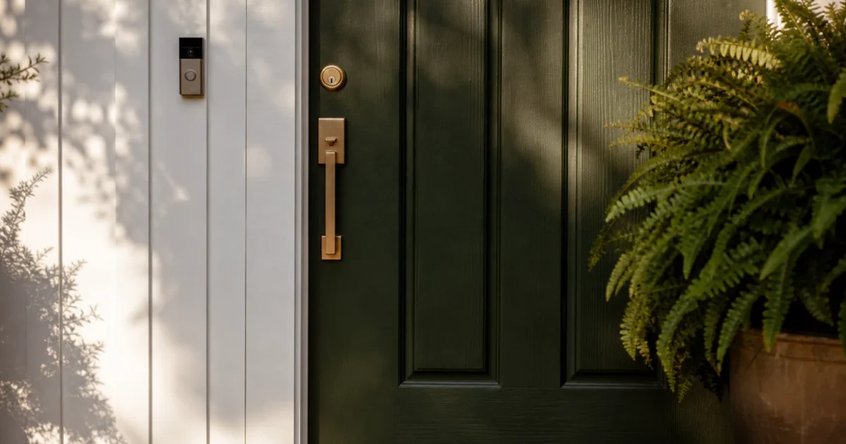 A modern front door painted deep forest green with brass hardware, set against white siding and a potted fern in warm afternoon light.