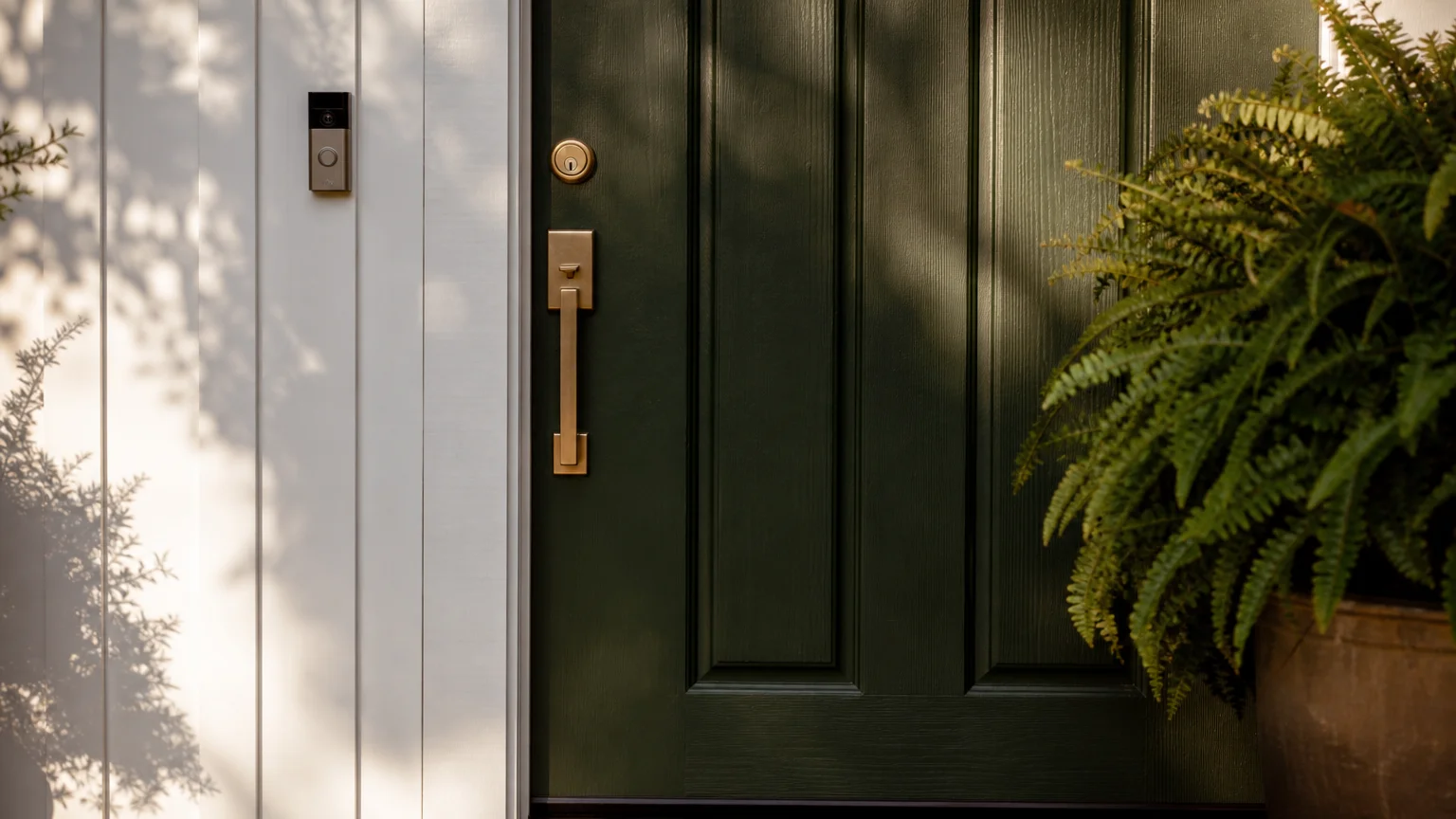 A modern front door painted deep forest green with brass hardware, set against white siding and a potted fern in warm afternoon light.
