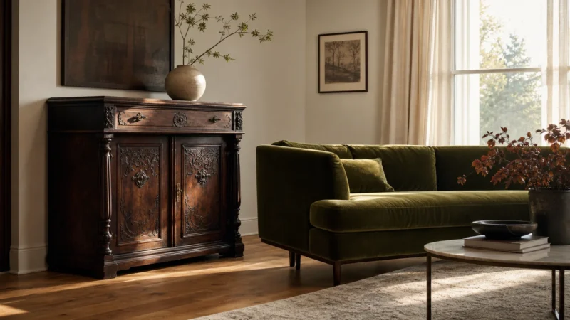 A modern living room featuring a vintage Victorian carved wood cabinet and a mid-century green velvet sofa in warm afternoon light.