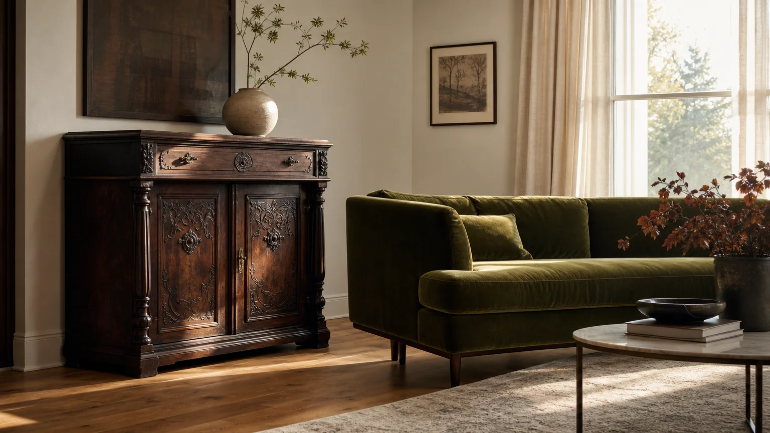 A modern living room featuring a vintage Victorian carved wood cabinet and a mid-century green velvet sofa in warm afternoon light.