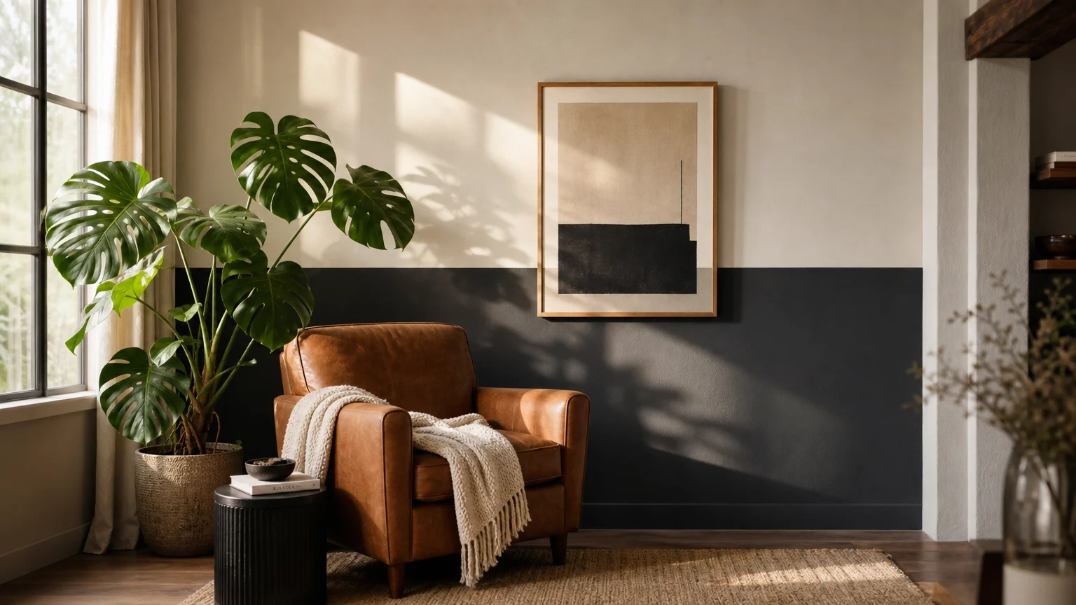 A modern living room with a two-color wall of charcoal gray and warm cream, styled with a cognac leather armchair and natural plants.