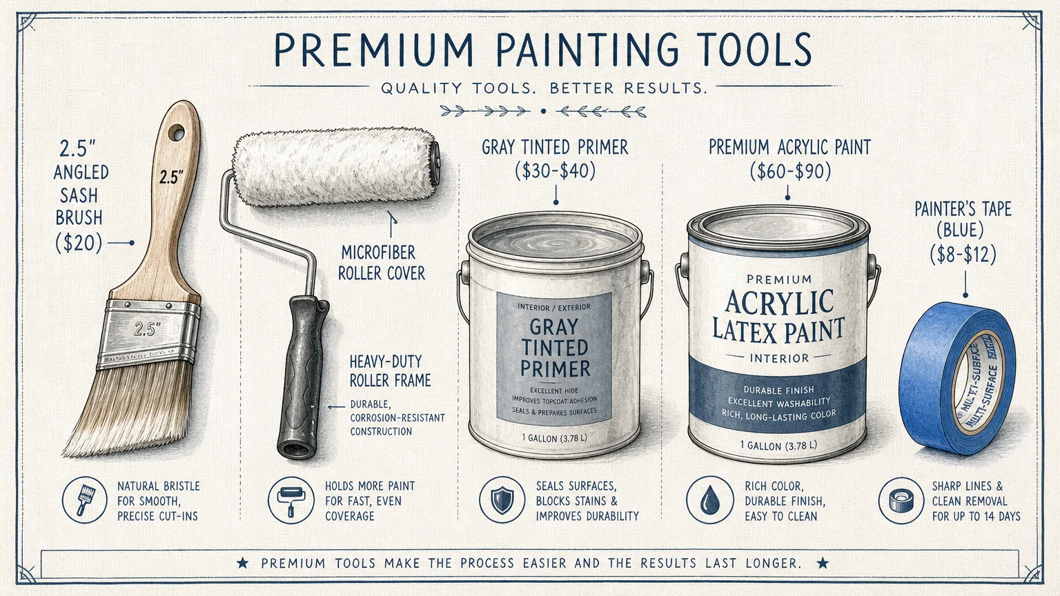 A neat, hand-drawn flat-lay diagram of painting tools like brushes, roller, and paint cans, labeled with their costs.
