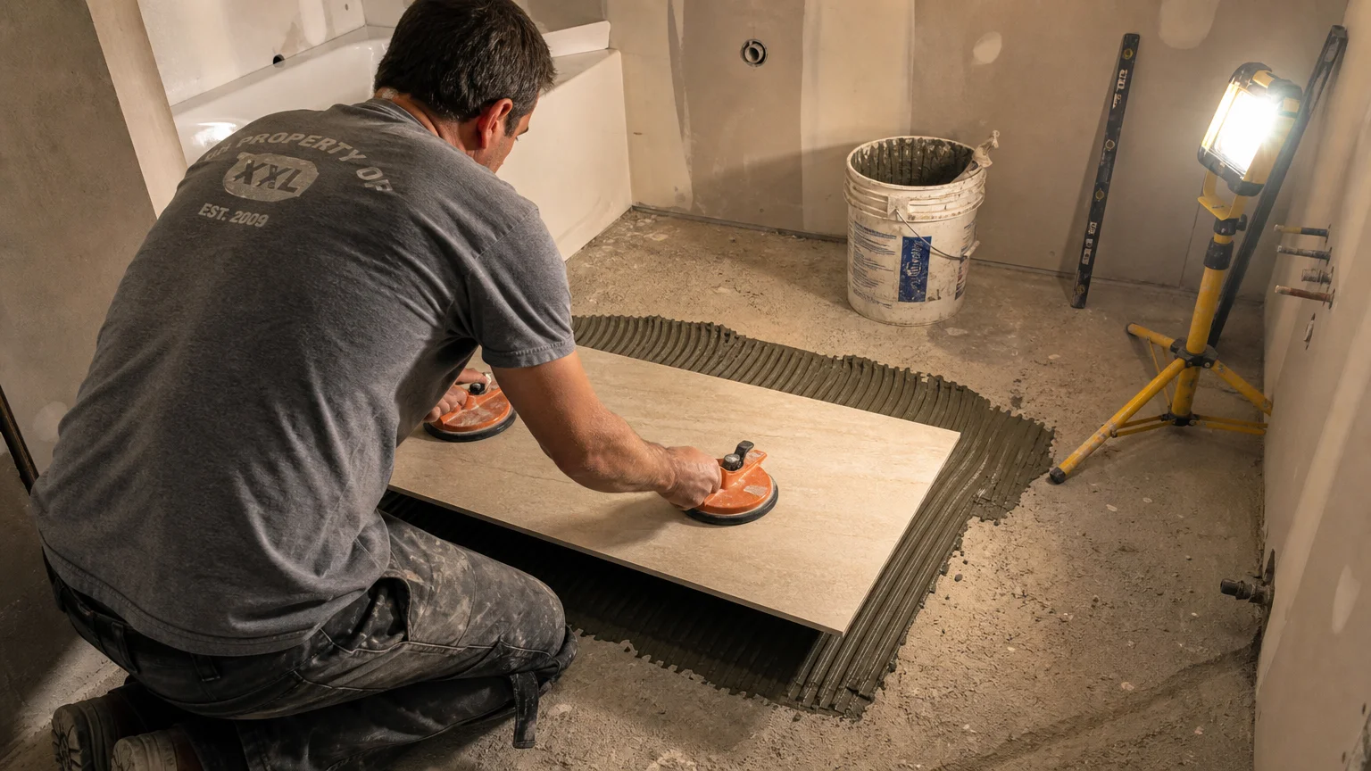 A person kneeling on a bathroom floor uses vacuum suction cups to position a large porcelain tile onto a fresh bed of mortar.