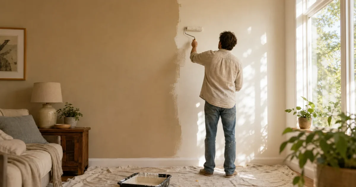 A person paints over a dull beige wall with a warm, modern off-white color in a sunlit living room.