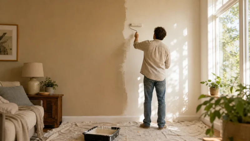 A person paints over a dull beige wall with a warm, modern off-white color in a sunlit living room.